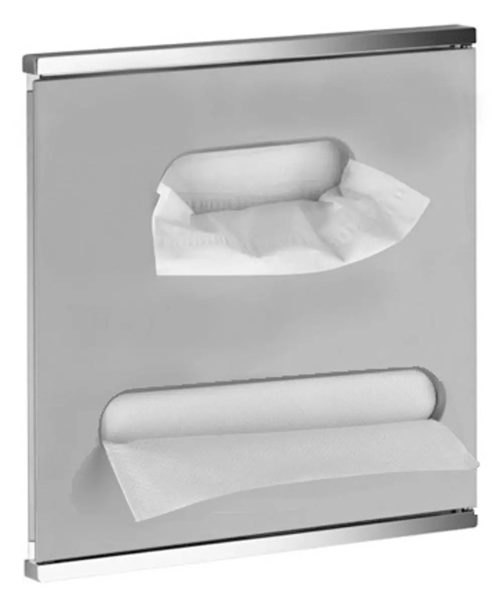 Wandmontierter Papierhandtuchspender aus Edelstahl mit zwei Öffnungen für Papierrollen, ausgeführt von Keuco. Sonntag ist der Spender links angeschlagen angebracht.